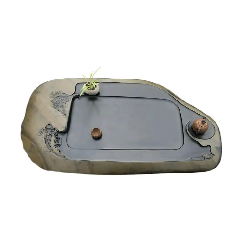 

Natural rough stone seed material stone material tea tray gold halo leather large board tea sea retro simple tea table