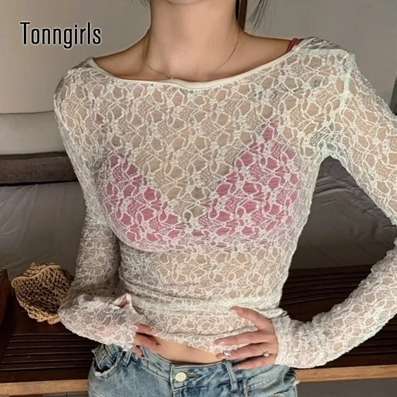 Tonngirls Vintage Lace T Shirt Women See Through Fairycore Tee Tops Korean Style Streetwear White Tshirts Summer Beach Wear Tops