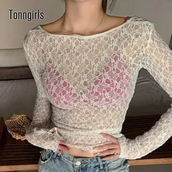 Tonngirls Vintage Lace T Shirt Women See Through Fairycore Tee Tops Korean Style Streetwear White Tshirts Summer Beach Wear Tops