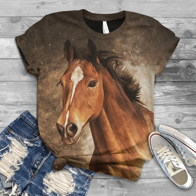 Women T-shirt 3d Horse Print Tshirt Women Fashion Crew Neck Short Sleeve T-shirt Animal Graphic T Shirt Ladies Tops Tees Y2k