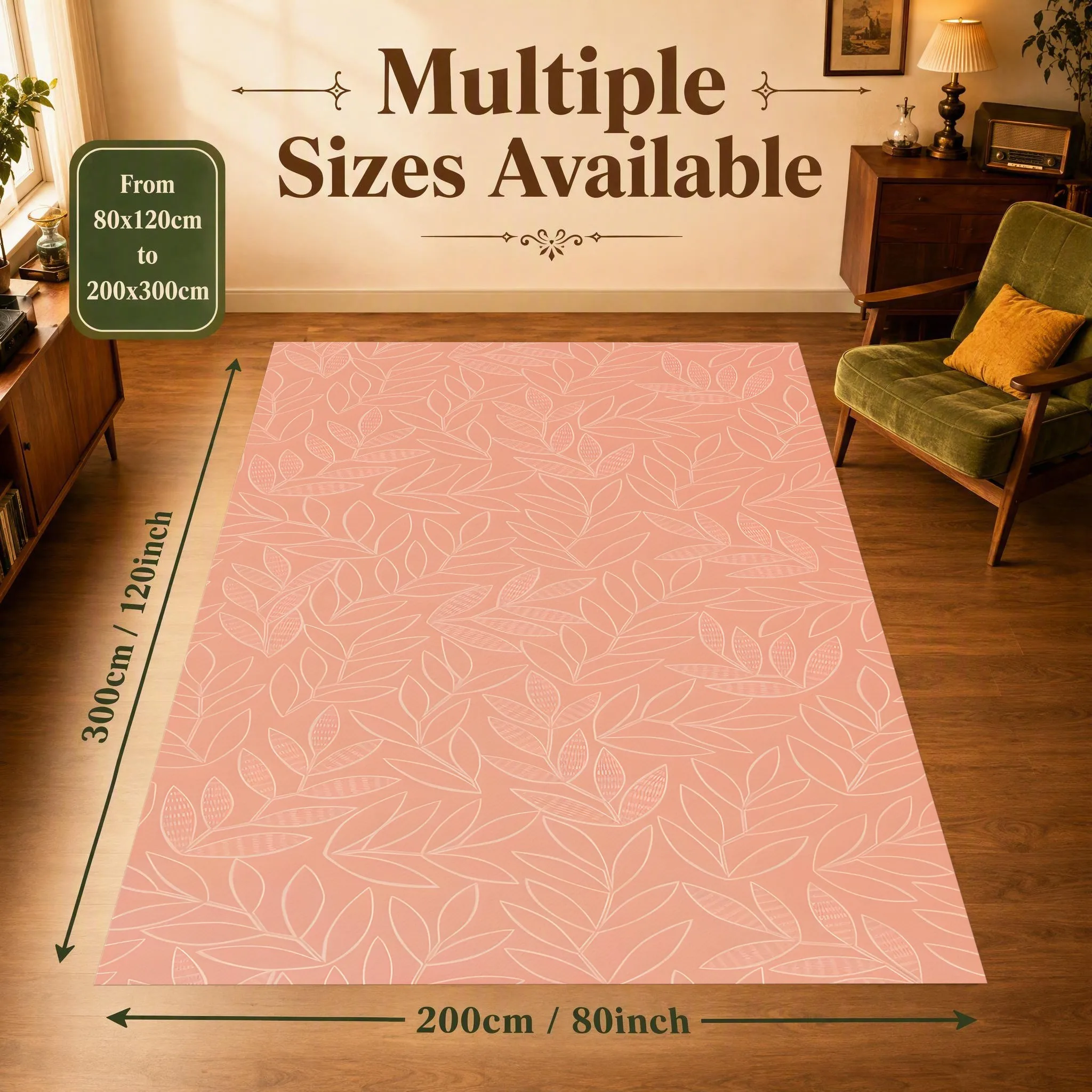 Orange-Pink Lines and Leaf Pattern Rug, Refreshing Soothing Carpet for Living Room Bedroom, Home Decor