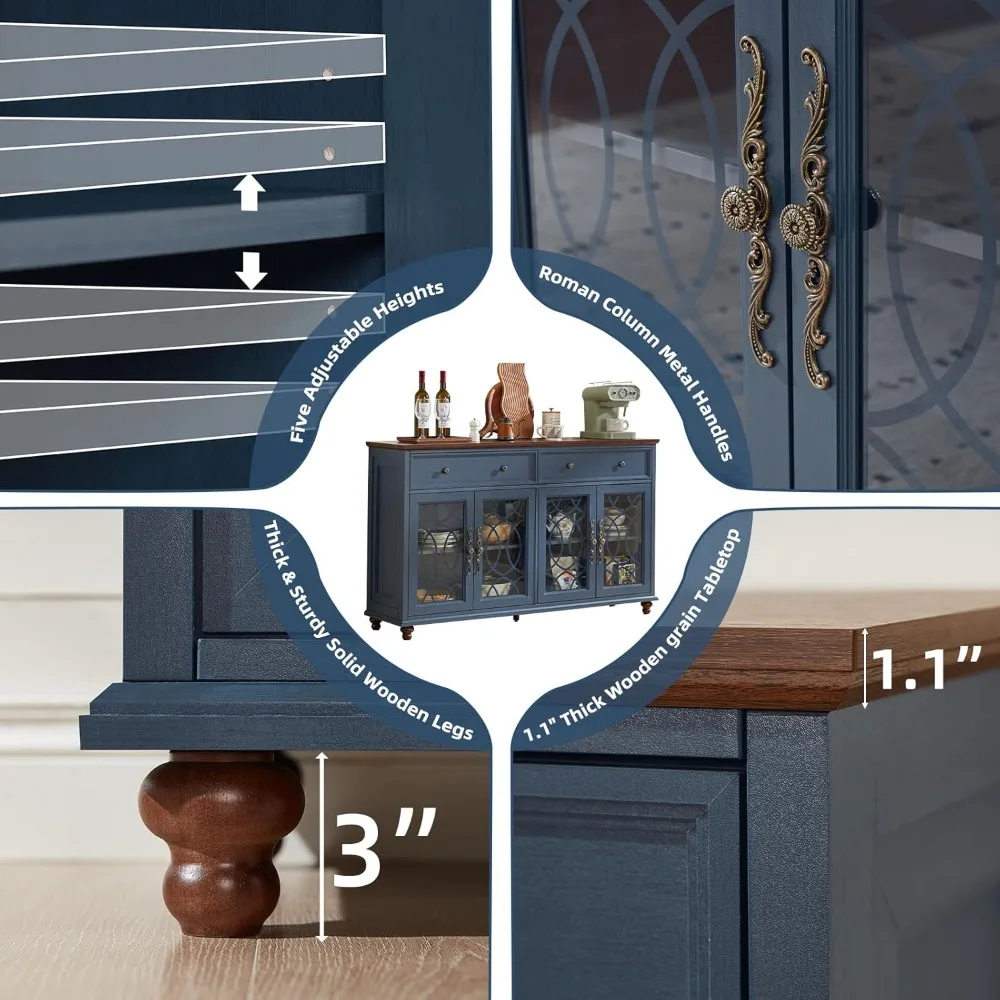 Bauernhaus-Sideboard-Buffetschrank mit Stauraum, 59 große Credenza mit 4 Glastüren und 2 Schubladen, verstellbare Regale, Konsolentisch
