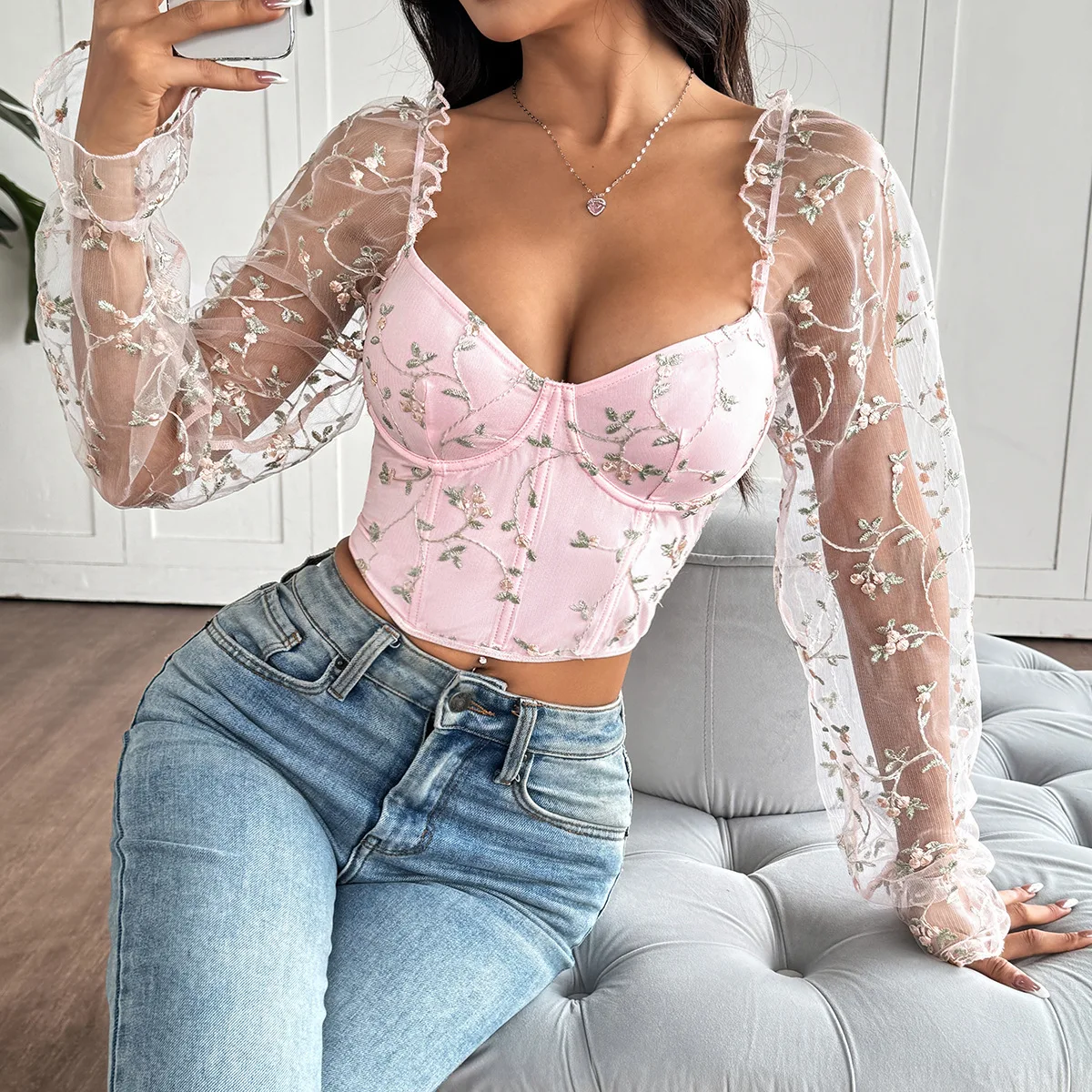 Romantic Sheer Sleeve Corset Top Women Floral Embroidered Bustier Boned Underwire Padded Cups Lace Up Back Vacation Fairy Crop view 3