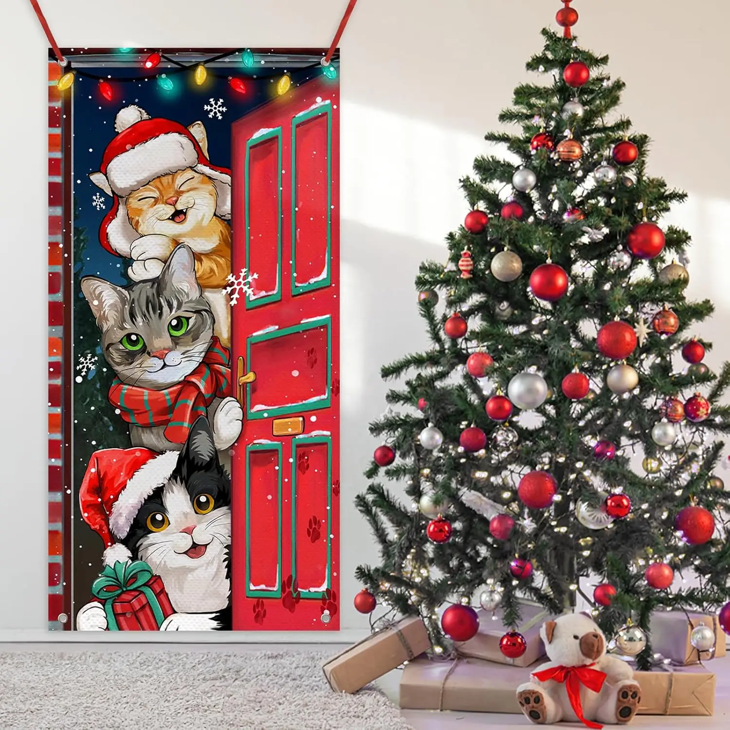 Christmas Tabby & Tuxedo Cat Decorations, Xmas Orange Front Door Banner,Christmas Door Cover Winter Holiday Indoor/Outdoor Fun view 5