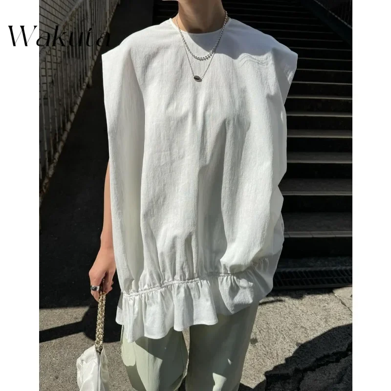 WAKUTA Japanese Fashion Round Neck Broad Shoulders Ins Blogger Design Women Shirts Casual Loose Thin Blouses Camisas De Mujer