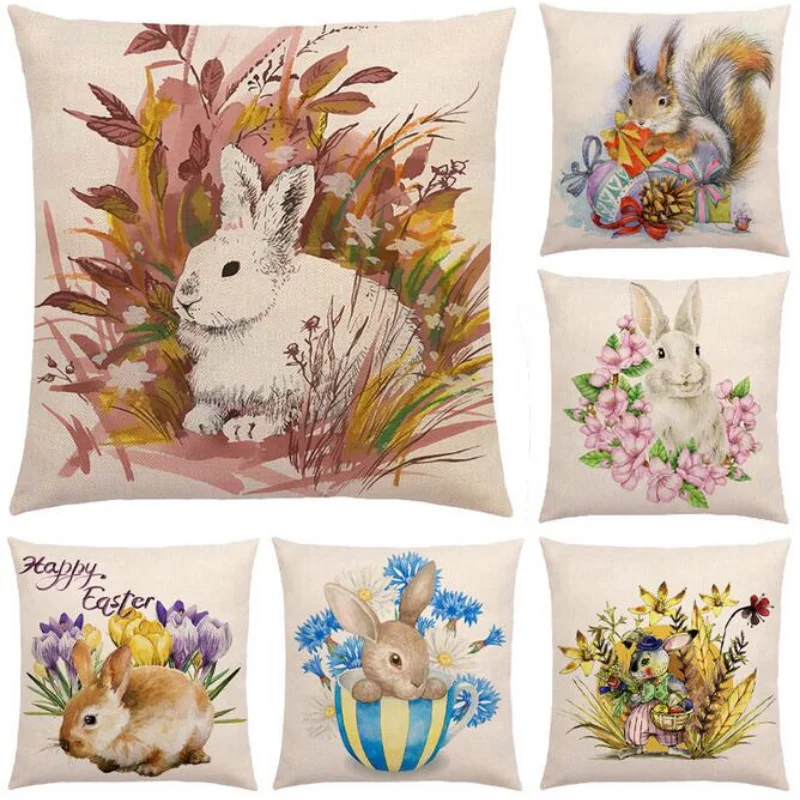 2022 Nordic Happy Easter Day Pillowcase Cute Rabbit Flower Pillow Case Winter Decoration Home Decoration Modern Soft Pillowslip