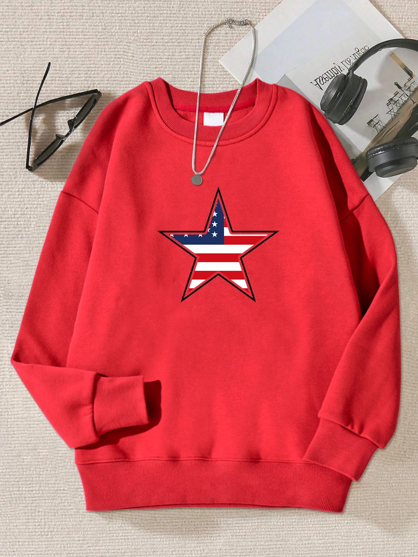 American Style Stars Print Women Sweatshirt Fashion O-Neck Pullovers Autumn Multicolor Streetwear Unisex Fleece Soft Clothes