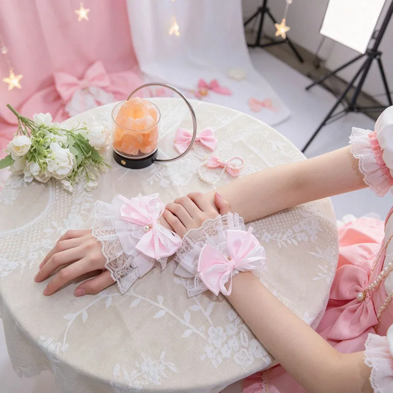 1-10Pairs Lace Bow Pearl Wrist Band Sweet Girl JK Style Arm Sleeve Cosplay Party Daily Wear Cute Bracelet Hand Accessory