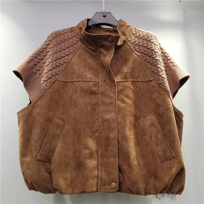 Clothland Women Retro Spliced Suede Vest Jacket Sleeveless Knitting Patchwork Waistcoat Female Chic Coats MA194