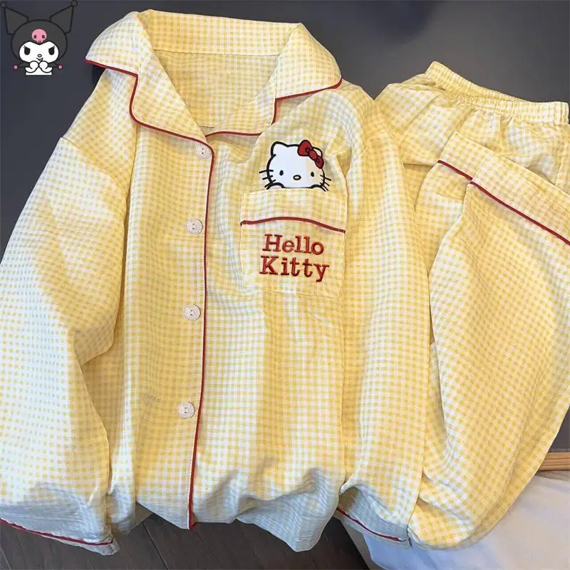 

Kawaii Hello Kitty домашняя одежда с принтом для девочек, весенне-осенние новые пижамы Sanrio с героями мультфильмов, модные брюки с длинными рукавами