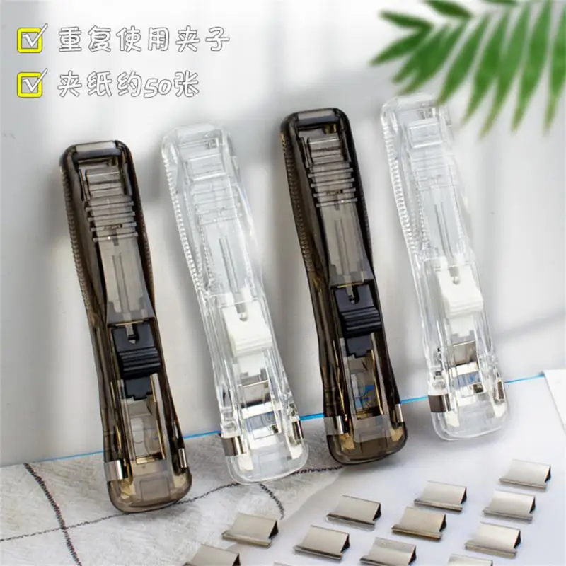 Staple Metal Clip Push Hand Paper Clipper with Refill Fixing Organizing Stapler Reusable Push Clamp for Document File Stationary