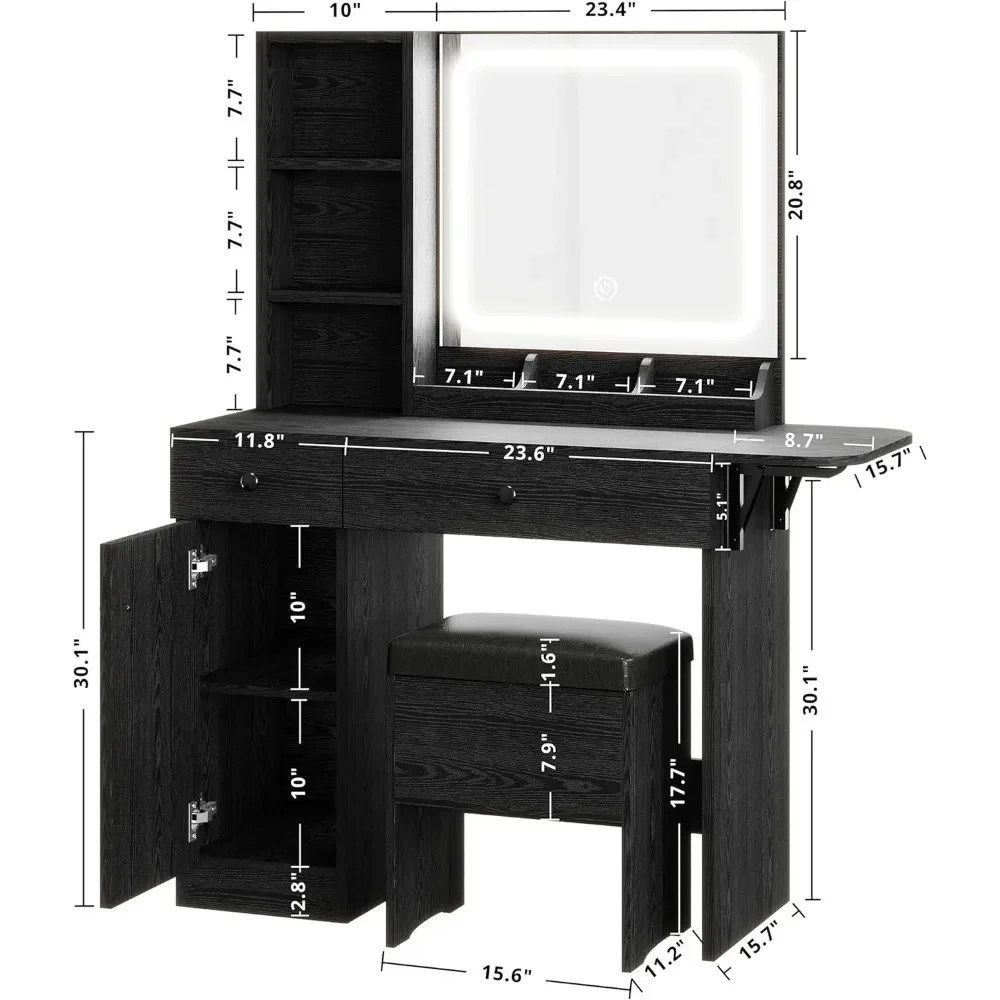 [عرض ساخن، عرض لفترة محدودة! ]مكتب زينة لغرفة النوم باللون الأسود مع مرآة LED ومخرج طاقة، كامل مع أدراج وكابينة تخزين