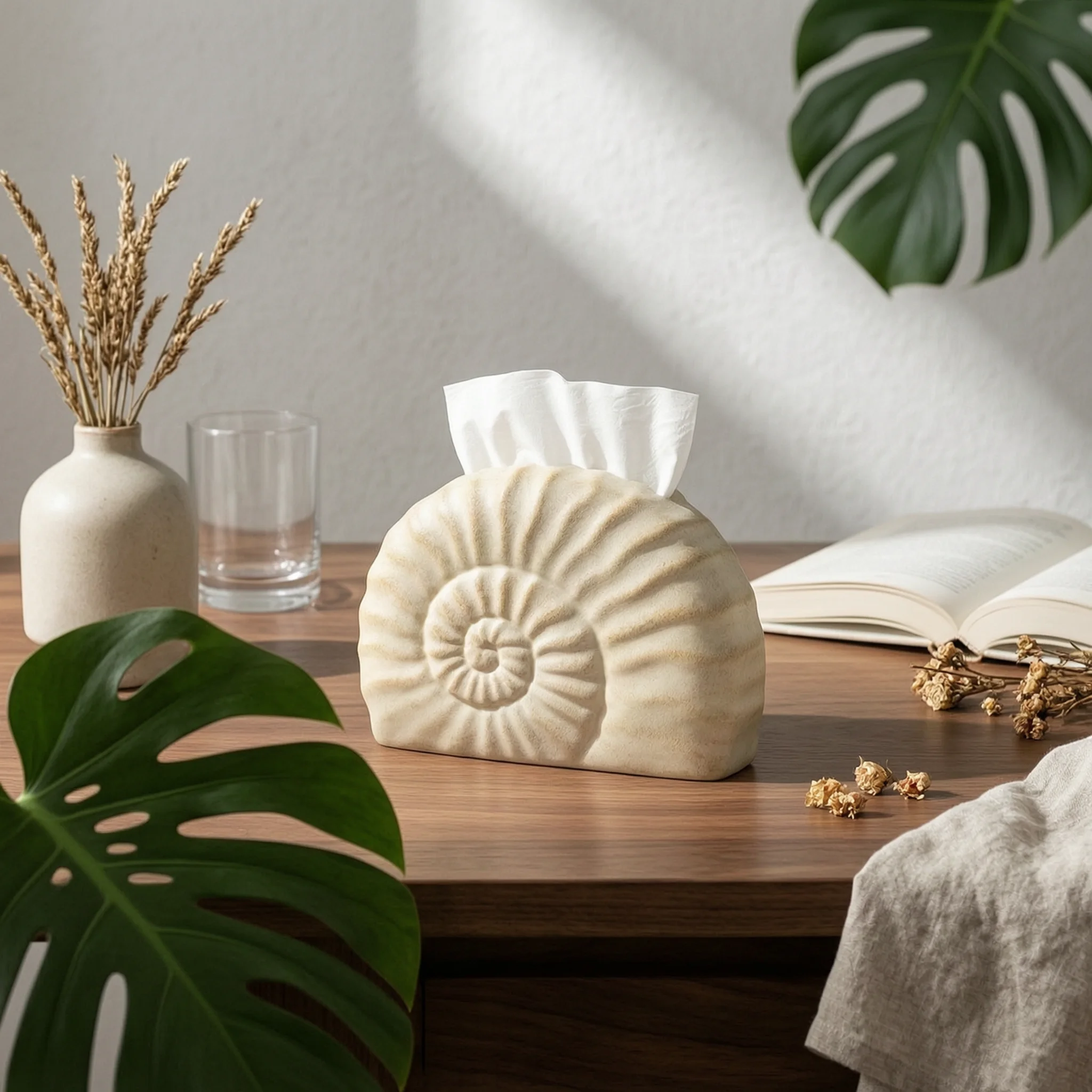Home Decor Accessory Shell Tissue Box Cover Sturdy Lightweight Spiral Shell Tissue Holder Light Beige for Tabletop