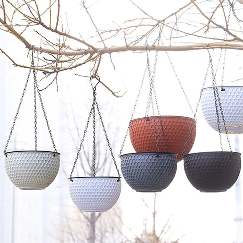 Mit Abtropffläche und hängender Kette, hängender Blumentopf aus Wabenstruktur, selbstwasserender hydroponischer hängender Blumenkorb, stabiler Blumentopf aus Kunstharz