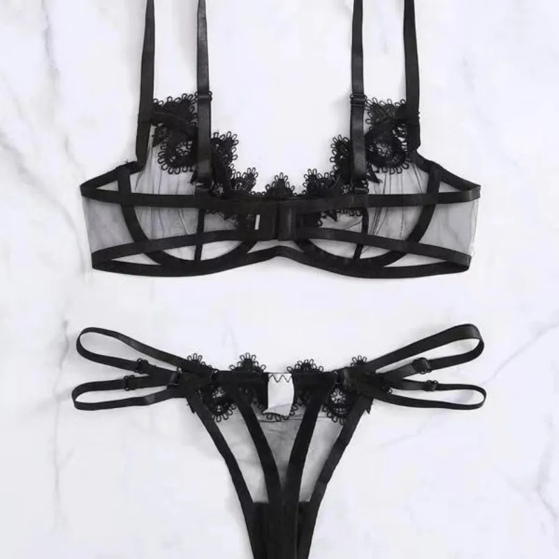 ملابس داخلية ساحرة للغاية مثيرة للنساء من الشاش الشفاف من خلال الدانتيل ثلاث نقاط طقم مكون من قطعتين ملابس داخلية مثيرة