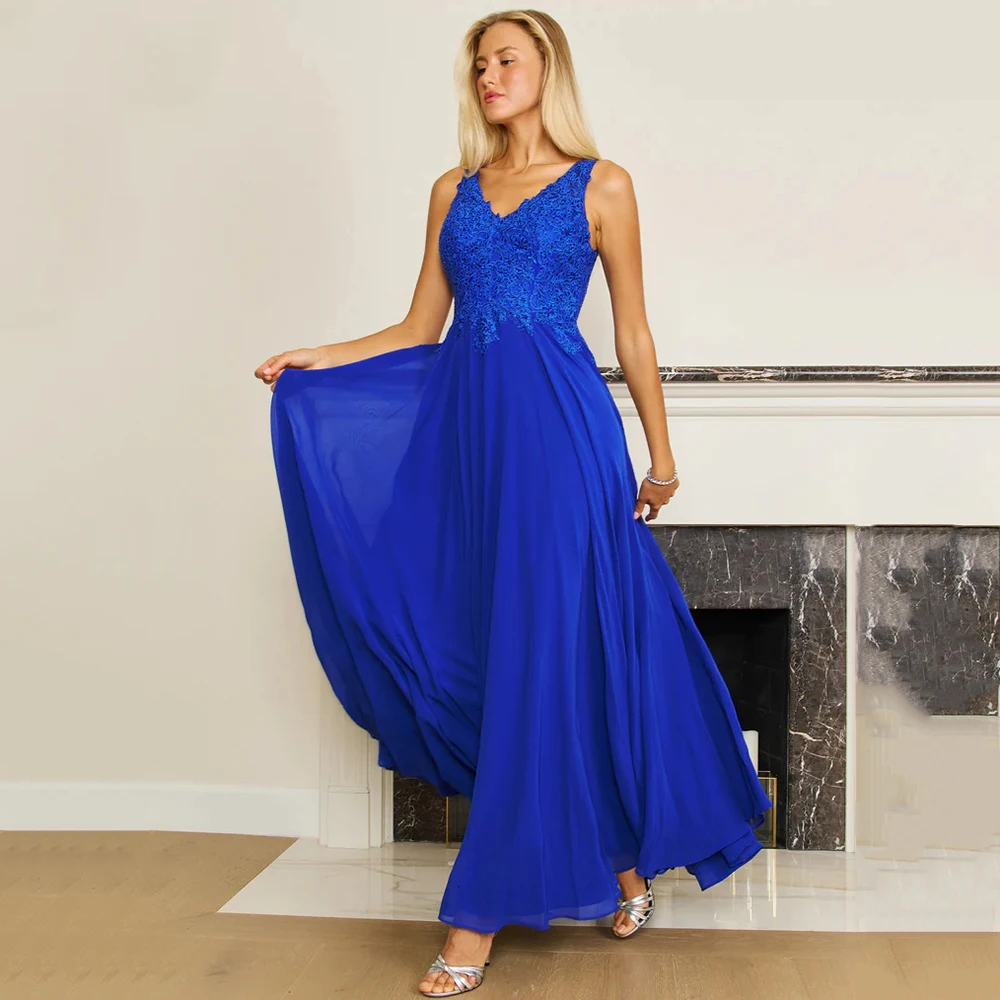 Abiti da festa personalizzati con scollo a V blu Abiti da sera per feste di ballo Robe De Soiree Abito lungo in morbido tulle