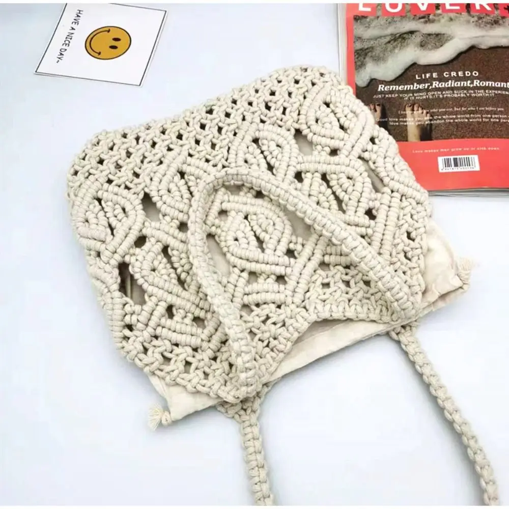 Cotton Rope Straw Bag Small Hollow Single Shoulder Braided Bag Hand Rope Tied Female Bag Women