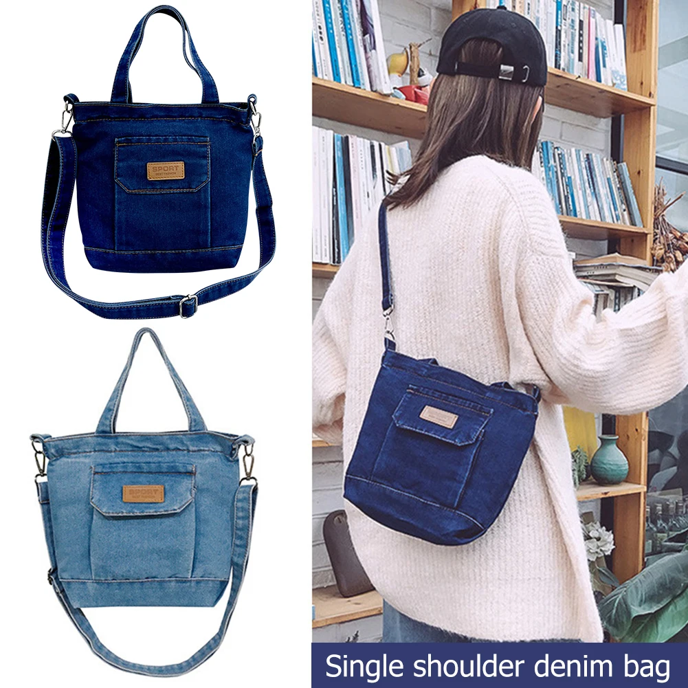 Women Casual Satchel Bag Denim Shopper Shoulder Handbag Large Capacity Adjustable Straps with Pockets for Beach Shopping School