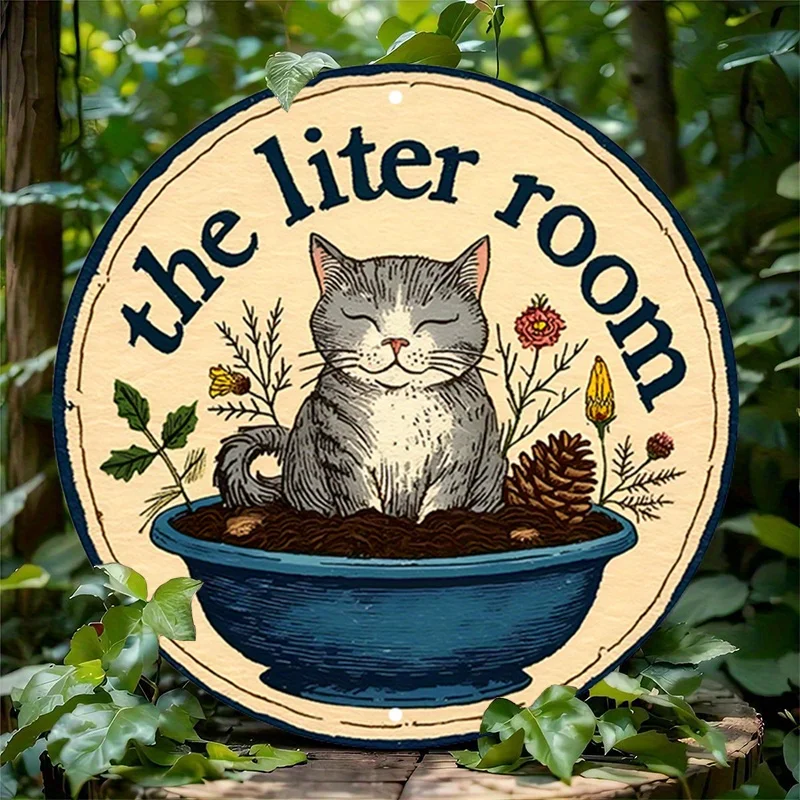 1pc WhimsyCat Vintage Round Metal Wall Art Sign - Rustic Cat Litter Room Decor with Sleeping Tabby Cat & Potted Plants Design, D