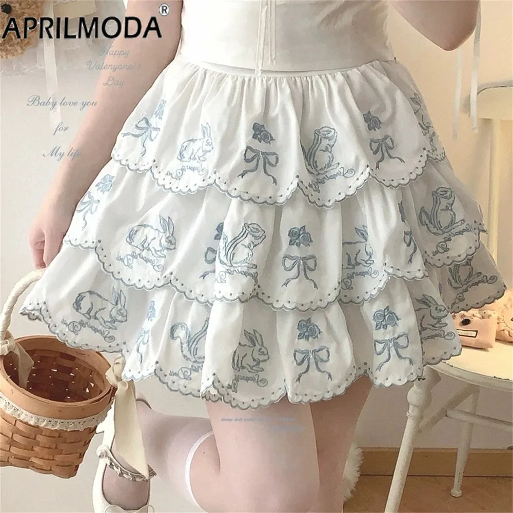 

Patchwork Harajuku Women Kawaii Mini Skirt Lolita Sweet Embroidery Pleated Skirt Y2k Girls Multi-Layer Cute Ruffles Cake Skirts