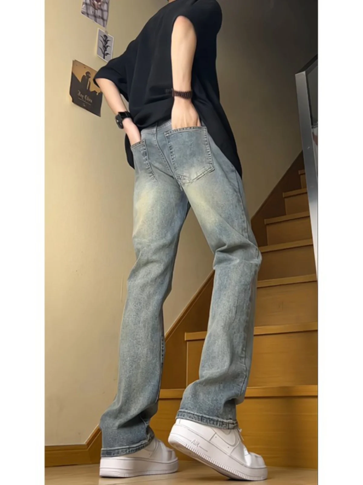 

Cleanfit Vintage Blue Waed Denim Jeans Men's High Waist Elastic Knife American Vibe High Street Long Pants