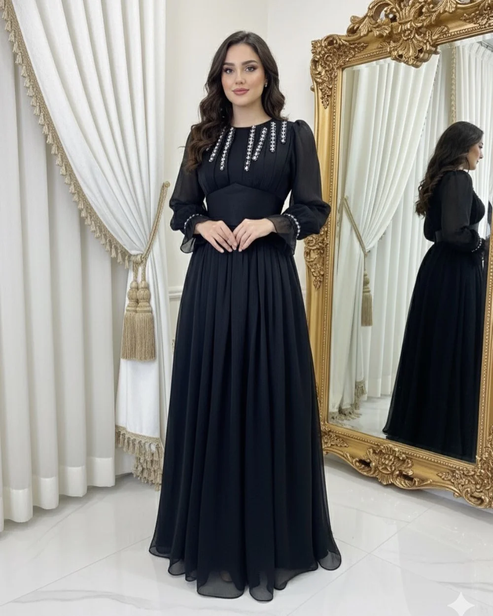 Personalizado exquisito de alta calidad de gasa con diamantes de imitación rebordear una línea de cuello redondo vestidos largos vestidos de noche tamaños disponibles formales