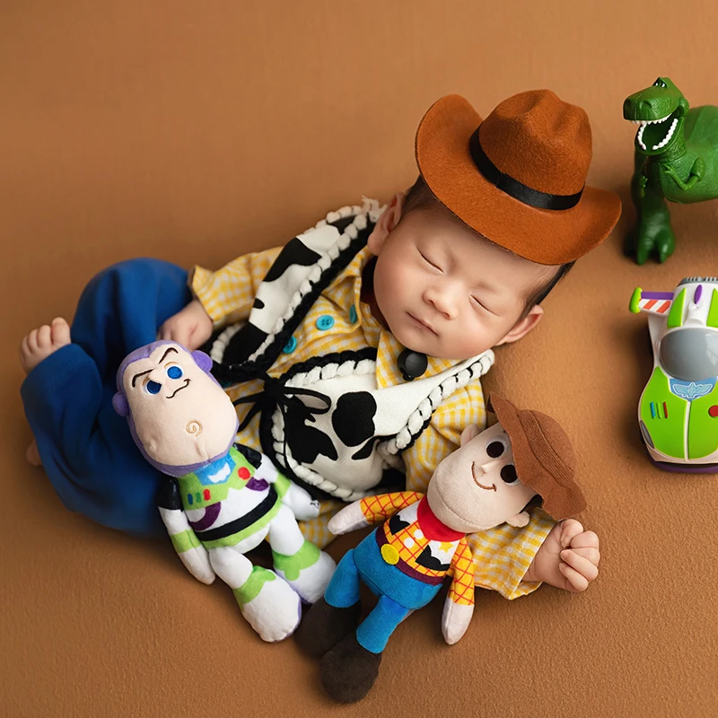 Newborn Photography Clothing Cartoon Baby Shoot Props Cowboy Style Hat + Shirt + Pants Set Cute Doll Dinosaur Toy Studio Photo