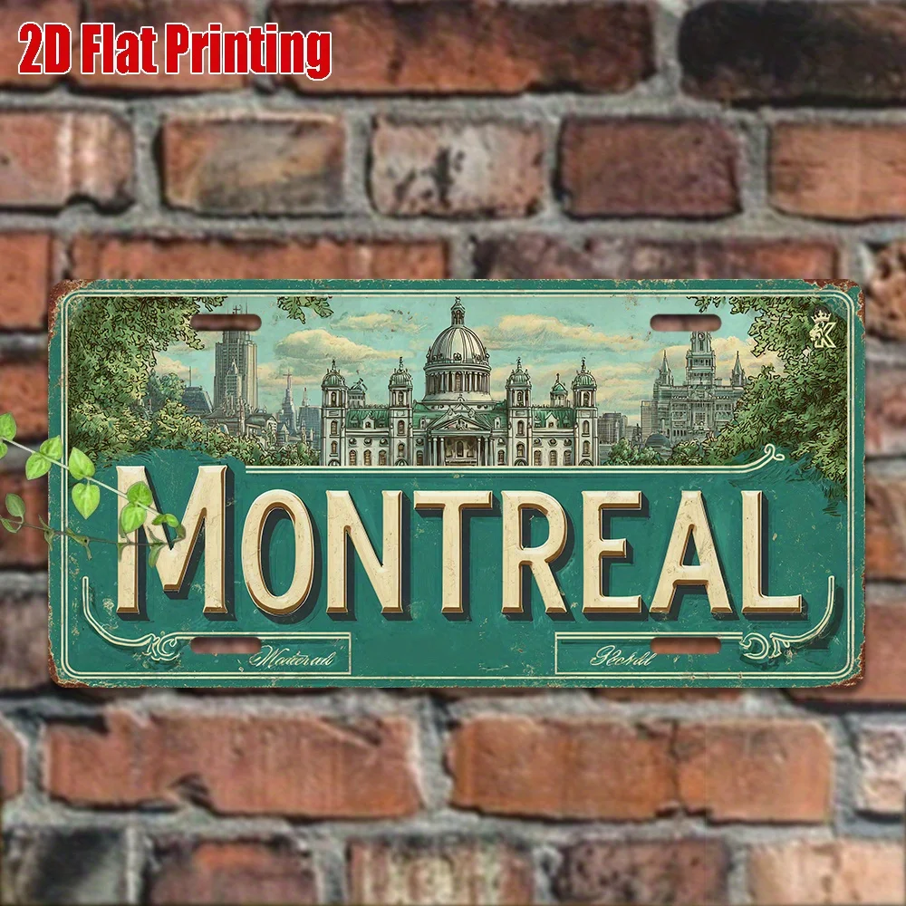 Vintage Montreal Canada Cityscape License Plate 2D Flat Aluminum Tin Sign Wall Art Decor for Garage Bar Man Cave and Car Front P