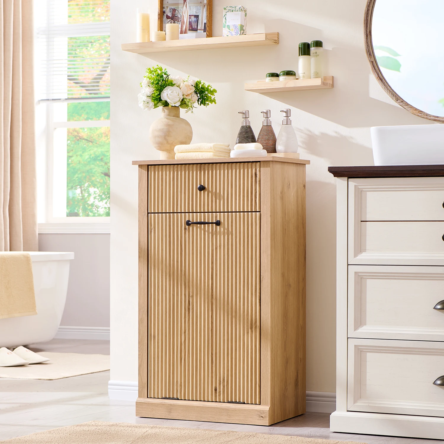 خزانة قمامة قابلة للإمالة، خزانة سلة غسيل المزرعة سعة 10 جالون مع أدراج، سلة تخزين للمطبخ، غرفة المعيشة،