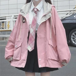 Chaqueta kawaii japonesa para mujer, abrigo rosa con cremallera, color coreano a juego, ropa de invierno holgada, tops bonitos, 2020