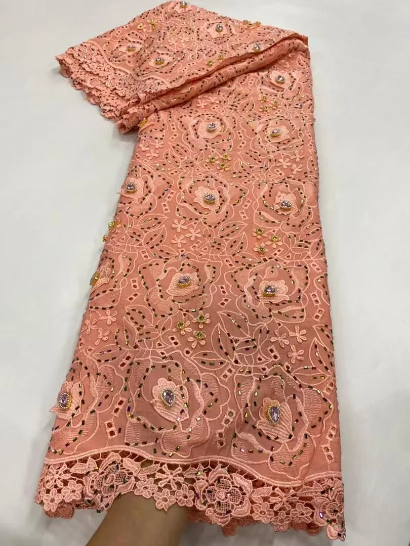 قماش دانتيل أفريقي 2025 جودة عالية، أقمشة قطنية بالمتر، تطريز، حجر الراين، كتان، فساتين حفلة موسيقية، تول، تصميم، 5 ياردات #1