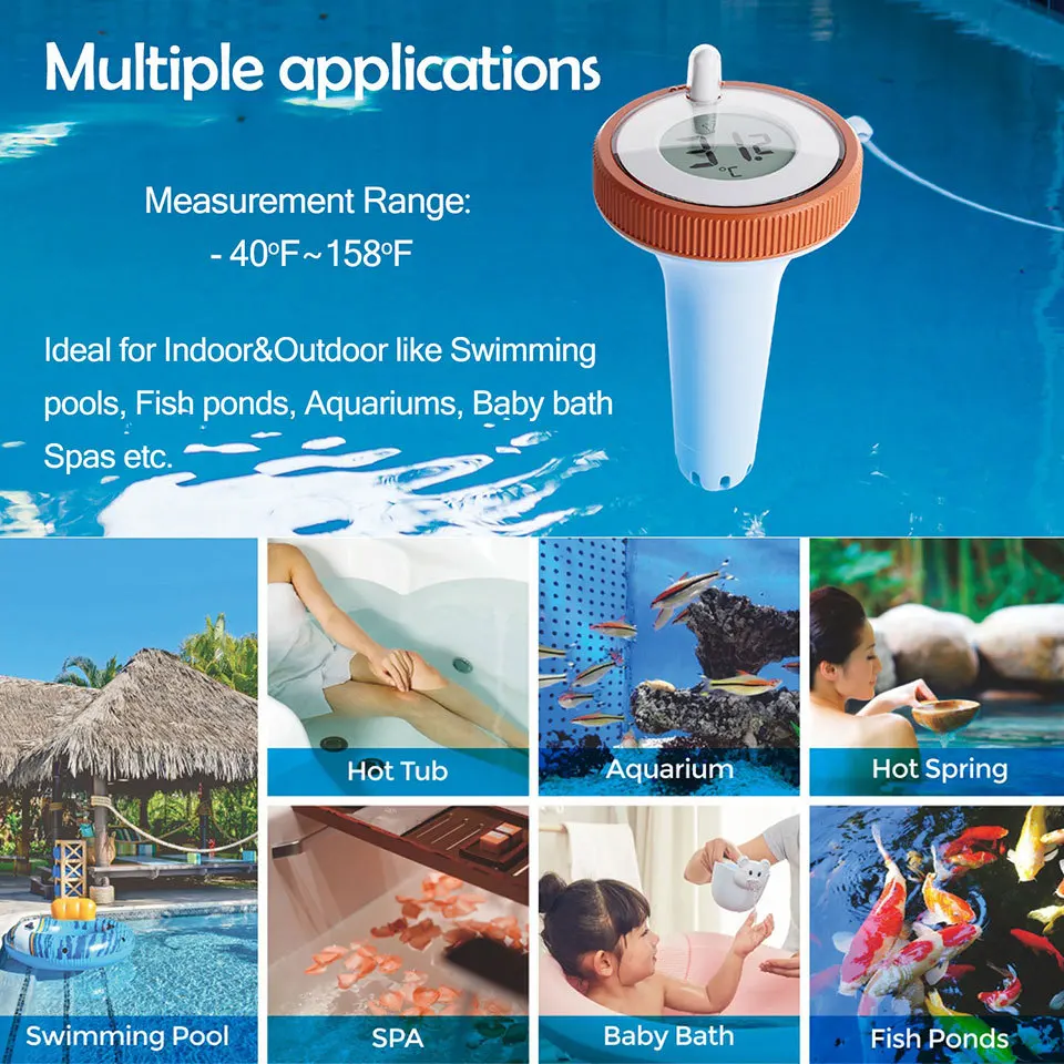 Wireless Digital Pool Thermometer Floating Easy Read, with Indoor Temperature Humidity Monitor for Swimming Pools Hot Tubs Small