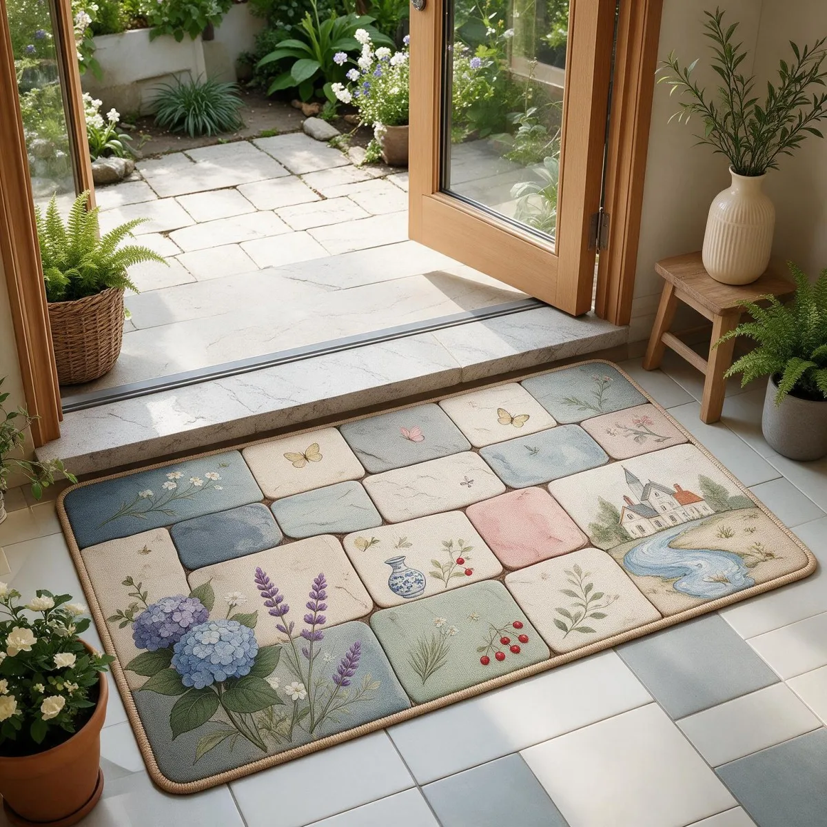 Tappetino da ingresso in flanella, quadrato, spesso, con stampa e superficie morbida e vellutata, realizzato con materiale ad alta capacità di assorbimento e retro in PVC antiscivolo, ideale per bagno