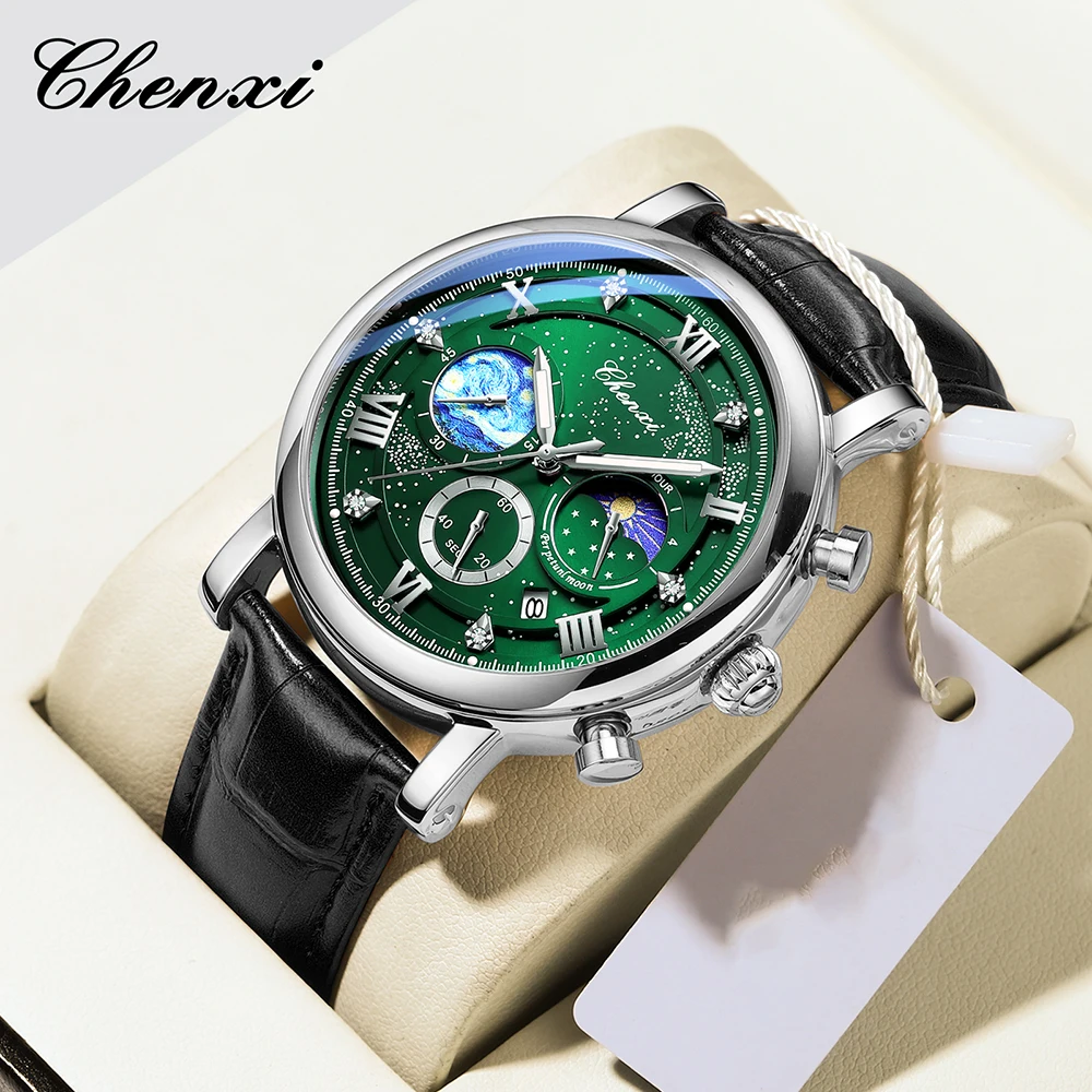 CHENXI Watches Luxury Men Waterproof Star Luminous Watch For Man High Quality Quartz Chronograph Leather Wristwatches Clock Male