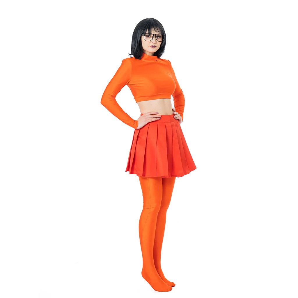(in stock) Anime Velma Cosplay Costume Movie Character Ladies Girls Sexy Orange Uniform Crop Top Mini Skirt Over Knee Socks Set