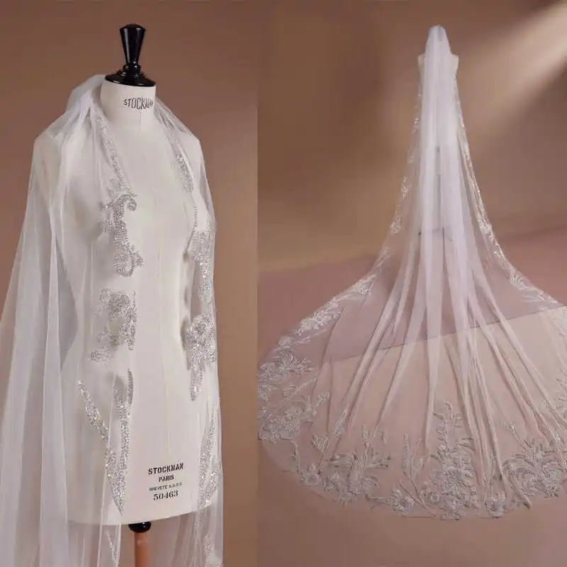 Elegant Sequined Appliques Wedding Veil 3 Meters White Ivory Cut Edge Bridal Veil with Comb Blusher Bride Headpiece Accessories