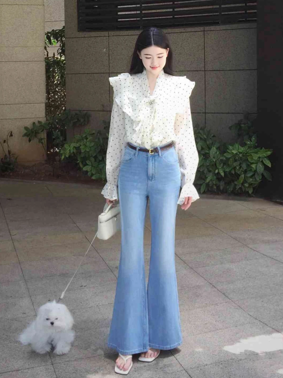 

Нежные брюки-клеш в горошек с рюшами и микро-клеш, комплект из двух предметов, корейский длинный свеч V Ne с высокой талией, осенняя мода