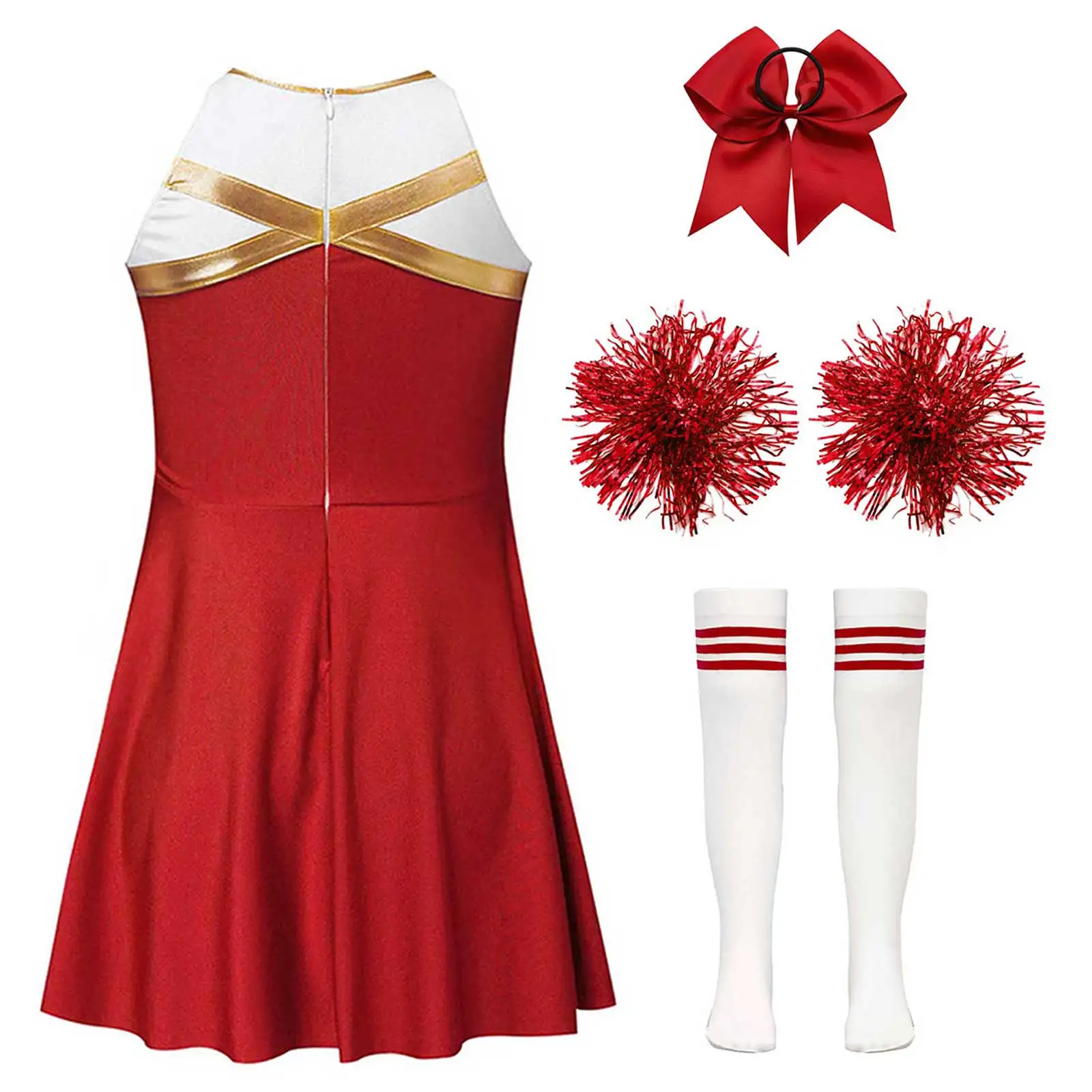 Kids Girls Cheerleading Uniforms Schoolgirl Cheer Dance Outfit Cheerleader Costume Sleeveless Dress with Pompom Socks Set