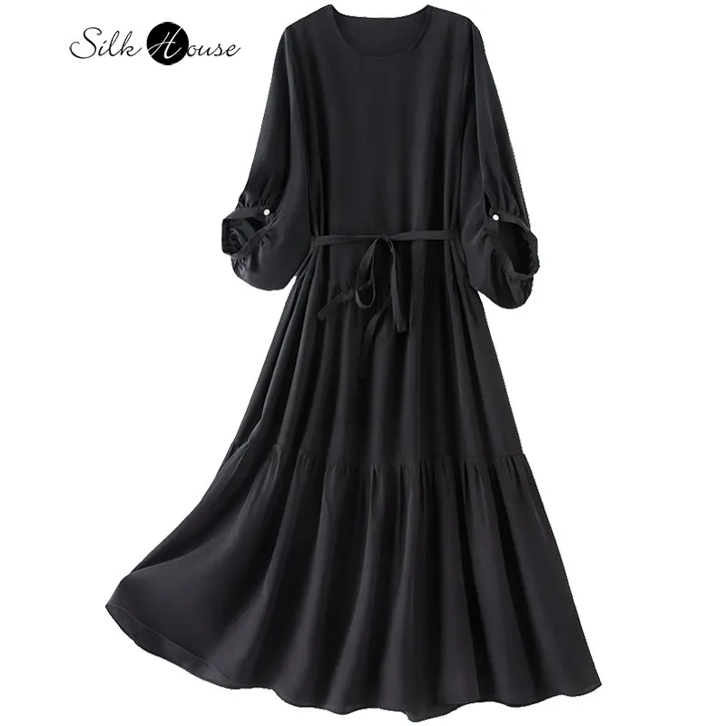 2023 Women's Fashion Summer New Silk Large Swing Round Neck Lantern Sleeve Mulberry Silk Black Round Neck Cake Dress