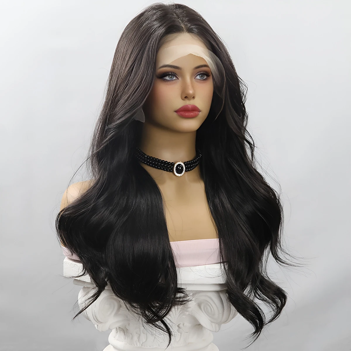 Age Reducing Natural Black Waves Women\'s Wig Long Hair Curly Hair Handmade Lace Temperament Medium Split Full Head Cover