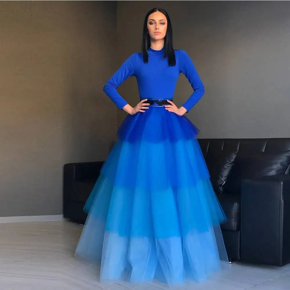 Ombre Blue Tulle Skirt Puffy Elastic Waistband jupe femme Maxi Skirt Women Custom Made Voluminous Tutu Skirts Tulle