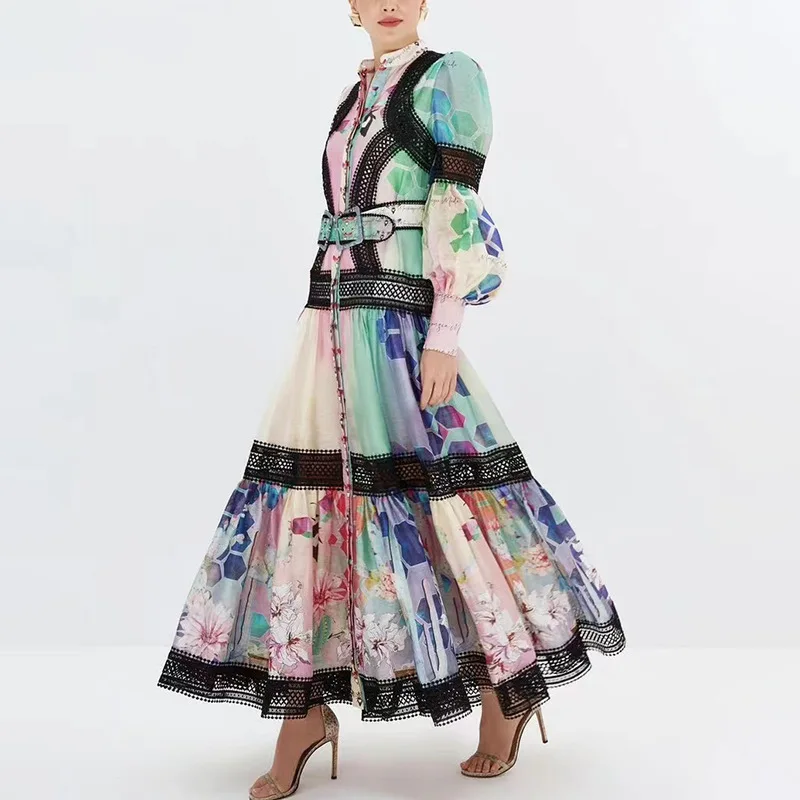 

Elegant Luxury Floral Printed Long Sleeve Maxi Dresses Shirt Women Summer Autumn cotton linen Lace Hollow Out Evening Prom Dress