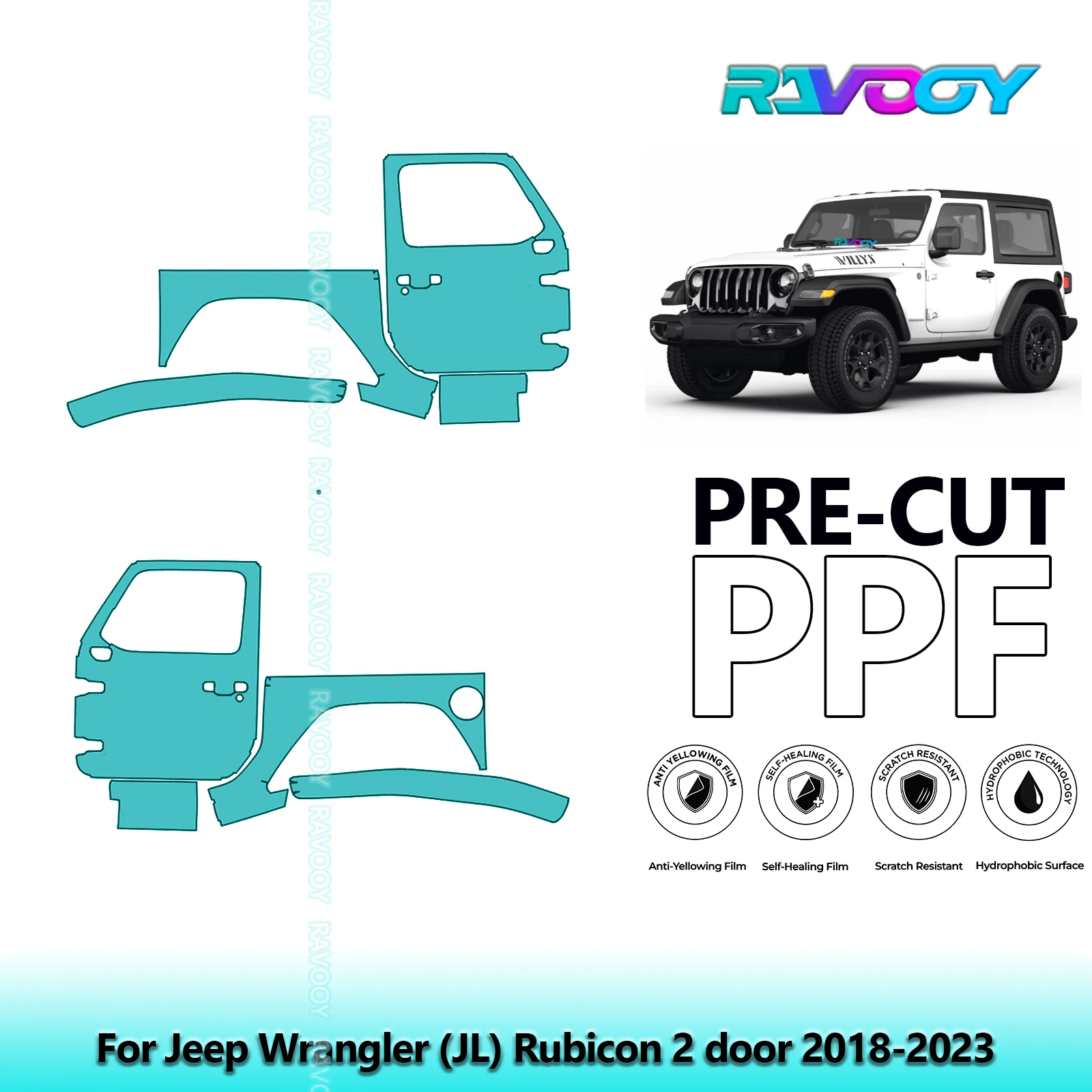 

For Jeep Wrangler (JL) Rubicon 2 door 2018-2023 8.5mil Pre-Cut PPF Door & A/B Pillar Kit TPU Paint Protection Film Set