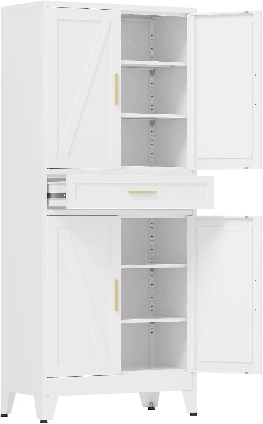 71 in Tall Kitchen Pantry Cabinet with Drawer, Metal Pantry Storage Cabinet with 4 Adjustable Shelves and 4 Barn Doors, White