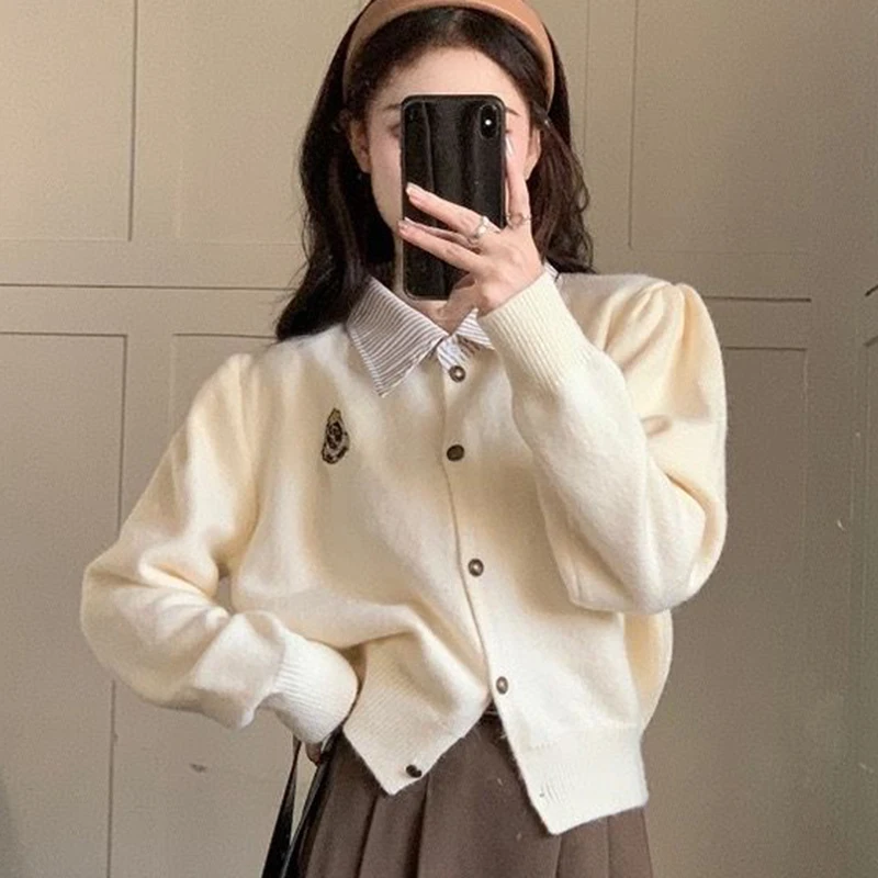 Fake Two Piece Knitted Cardigan Coat 2023 Apricot Turn-down Collar Patchwork Short Coat Loose Fashion Preppy Style Sweater Coat