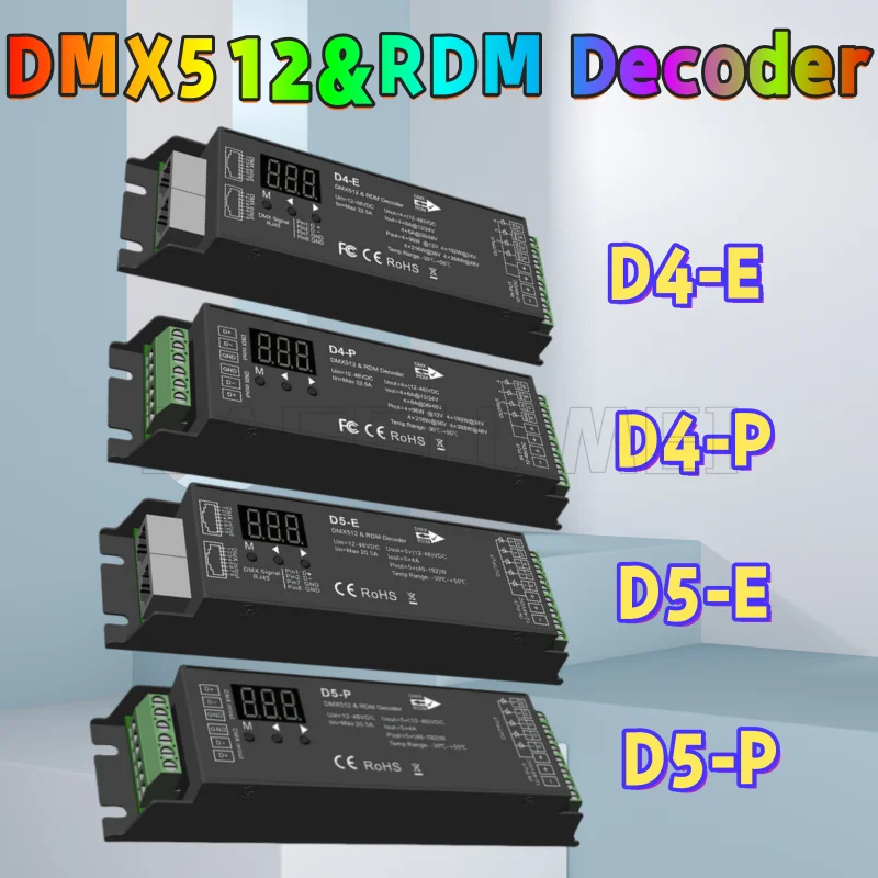 

Skydance 4 Channel PWM DMX Decoder D4-E/P 5CH DMX512 Controller D5-E/P Digital Display XLR3 RJ45 For RGB RGB +CCT Tape DC12-48V