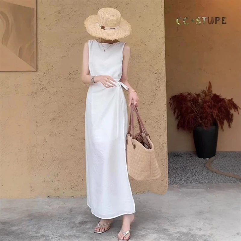 Robe de thé français pour femmes, sans manches, coupe droite, chemise blanche, gilet, décontractée, élégante, mi-longue, été, 2025