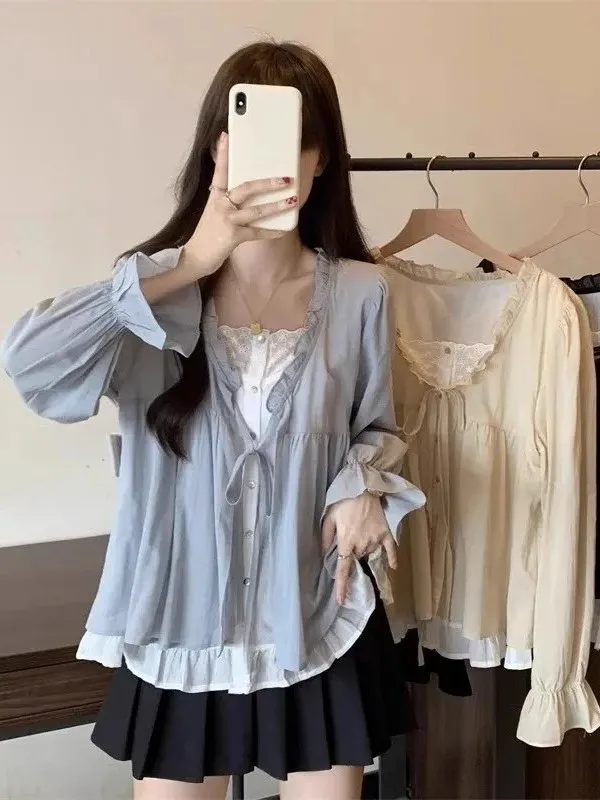 

plus Size Women's V-Neck Shirt Loose Long Sleeve Spring Summer Fashion Design Sense Fake Two-Piece Top Breathable Polyester F...