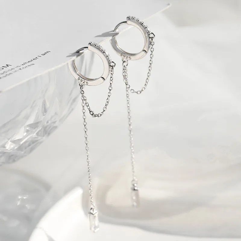 925 Silver Needle Crystal Tassel Chain Stud Earrings For Women Wedding Jewelry Female Pendientes eh1047
