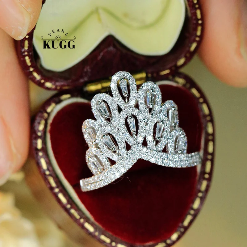 

KUGG 100% 18K White Gold Rings Elegant Peacock Shape 0.75carat Real Natural Diamond Cocktail Ring for Women High Party Jewelry